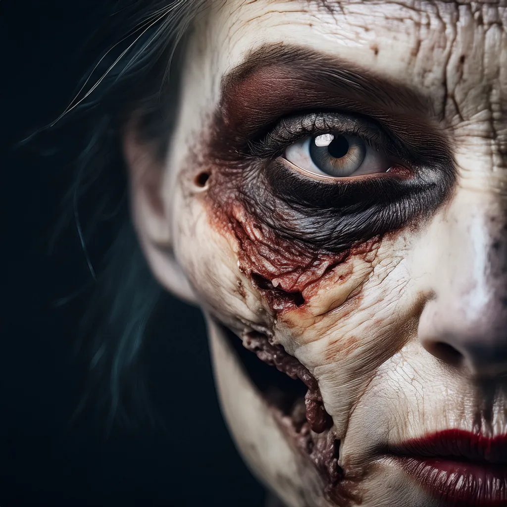 A female rotting zombie staring intently