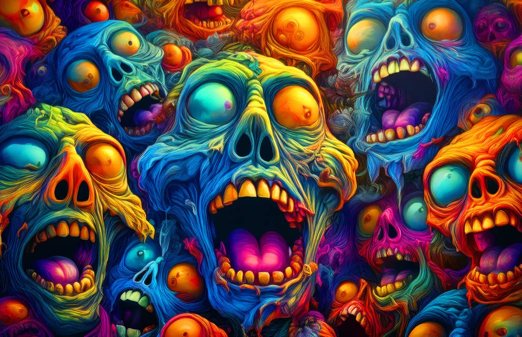 A collage of 3D illustrated zombies and creatures all mashed together
