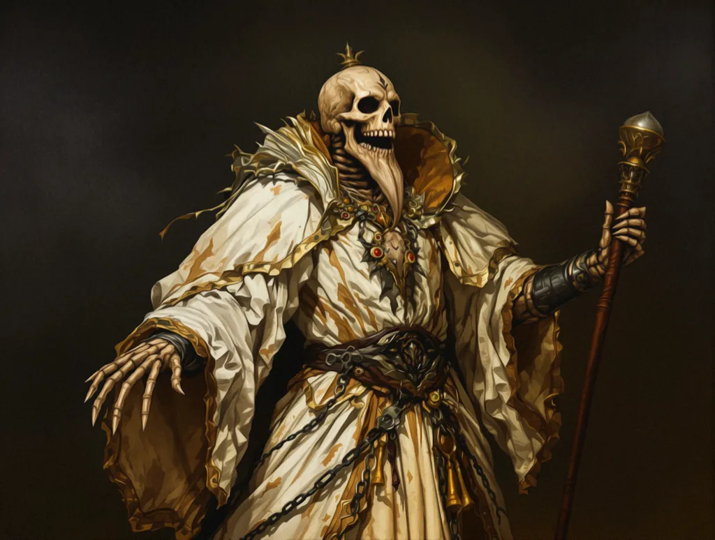 A skeletal figure, adorned in ornate, off-white robes and metallic accessories, holds a staff, exuding an atmosphere of dark fantasy and ominous power