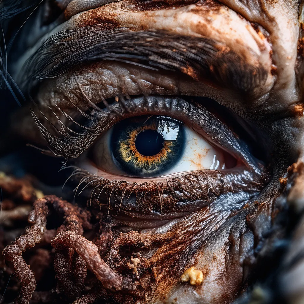A close up shot of a female zombie eye