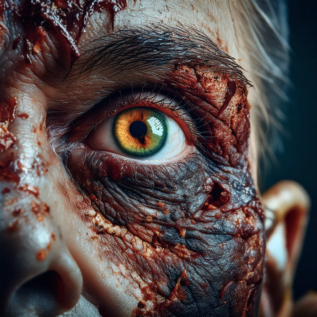 A close up shot of a male zombie eye