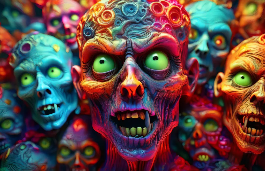 A collage of 3D illustrated zombies and creatures all mashed together