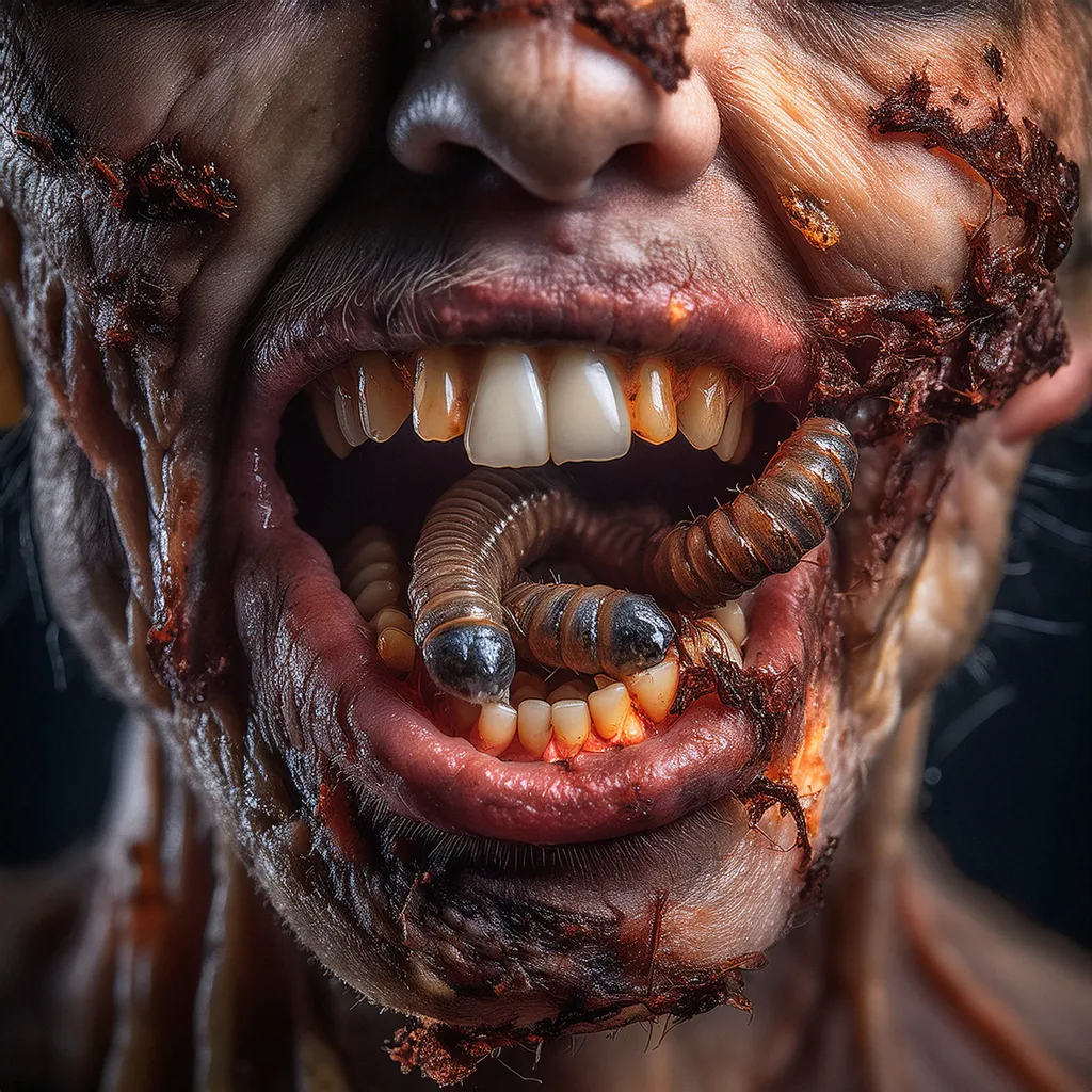 A rotting male zombie showing his open mouth full of worms and maggots close up