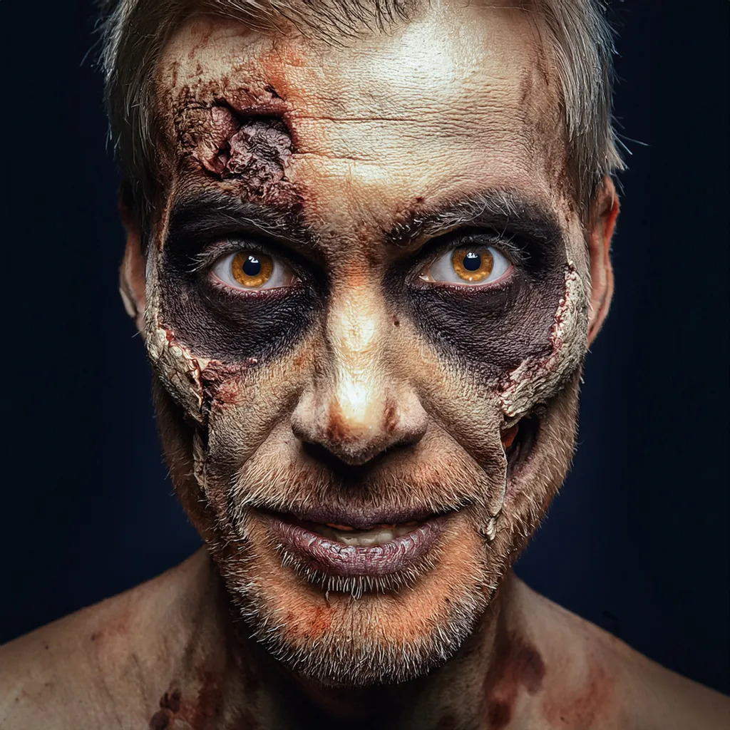 An intense male zombie staring