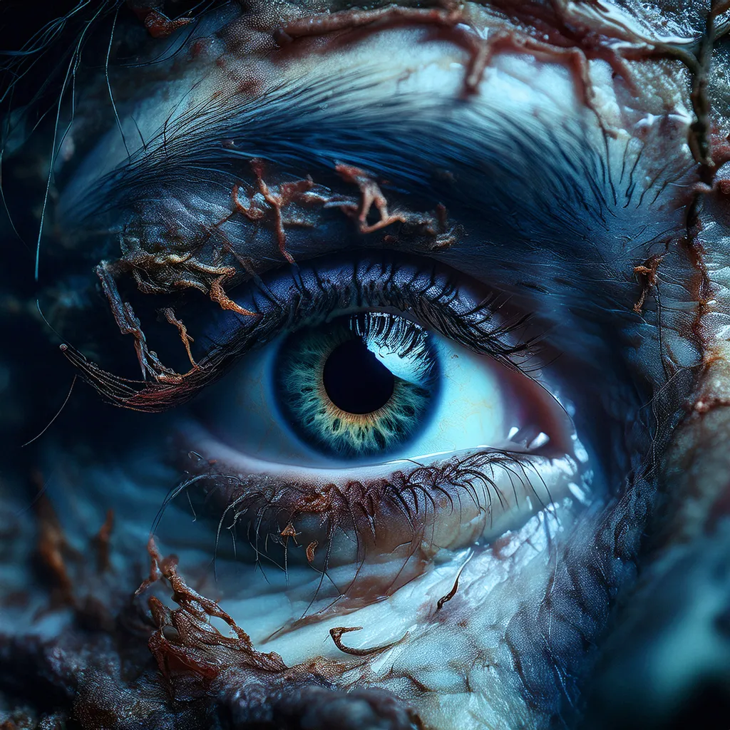A close up shot of a female zombie eye