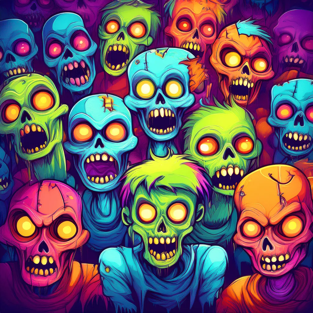 A collage of cartoon zombies and creatures all crushed together