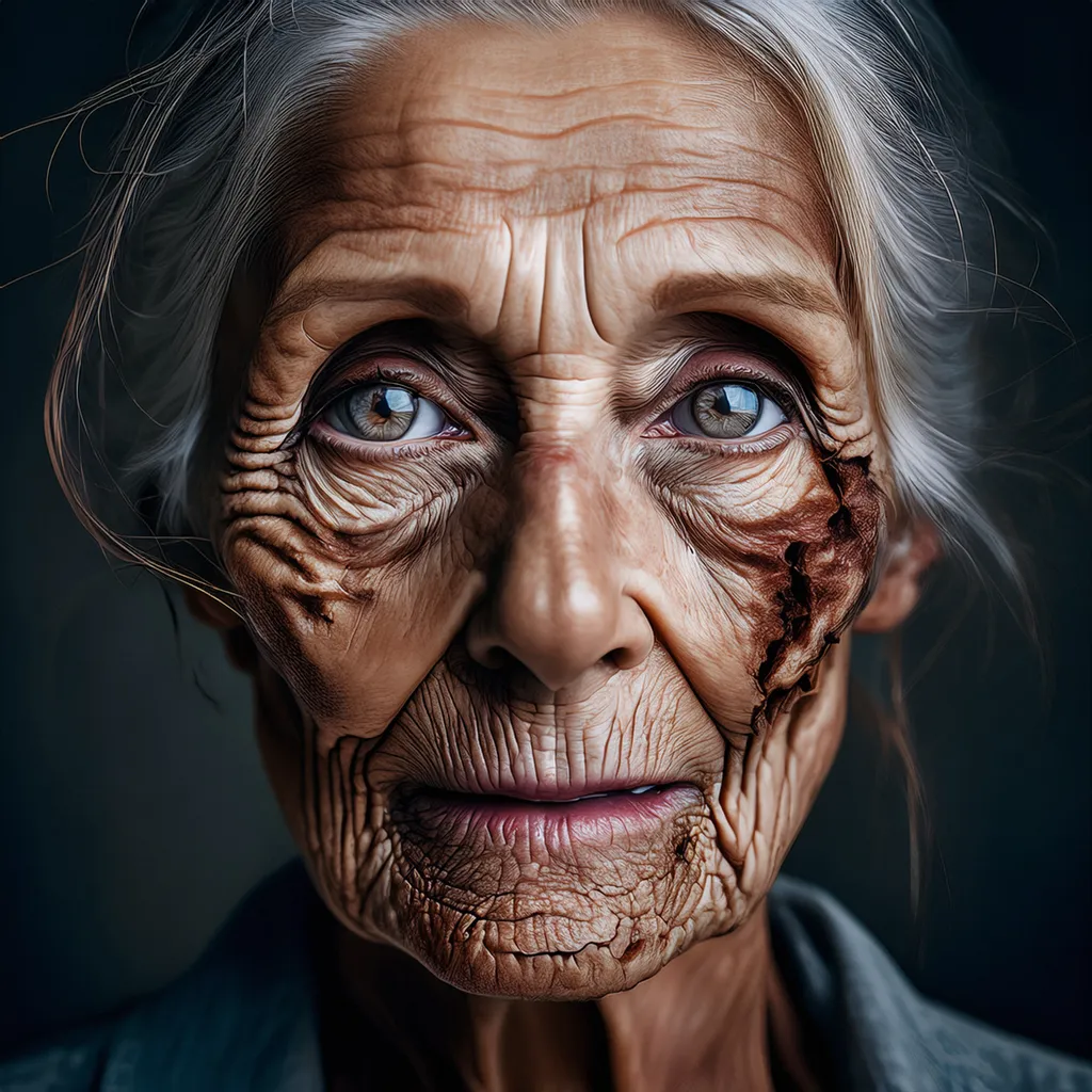 An elderly old zombie woman staring