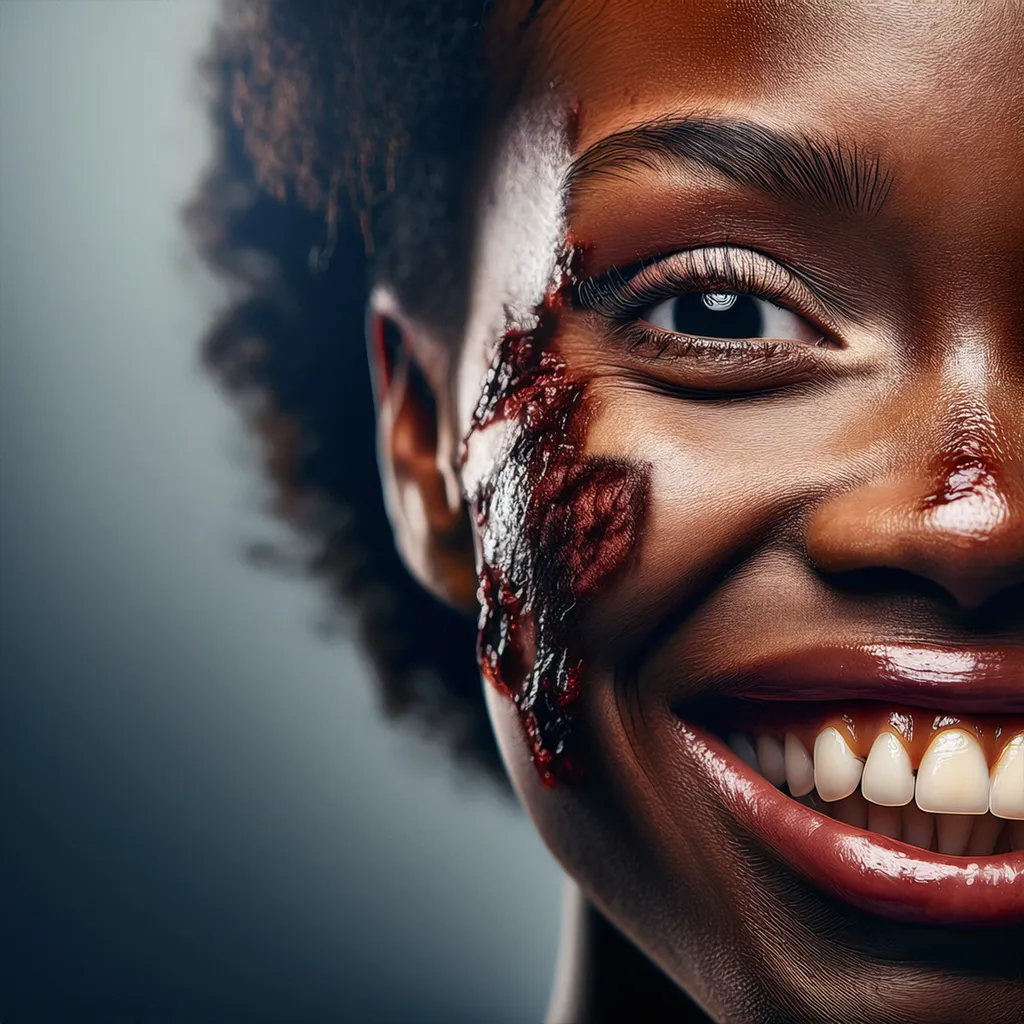 Smiling black female zombie side of the face profile