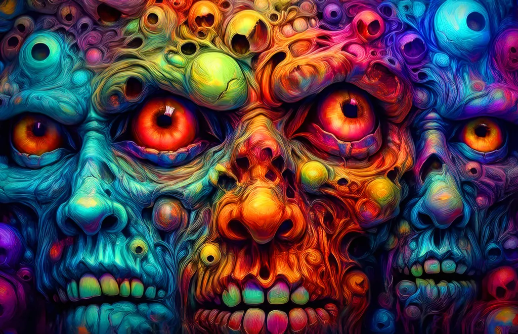 A collage of 3D illustrated zombies and creatures all mashed together