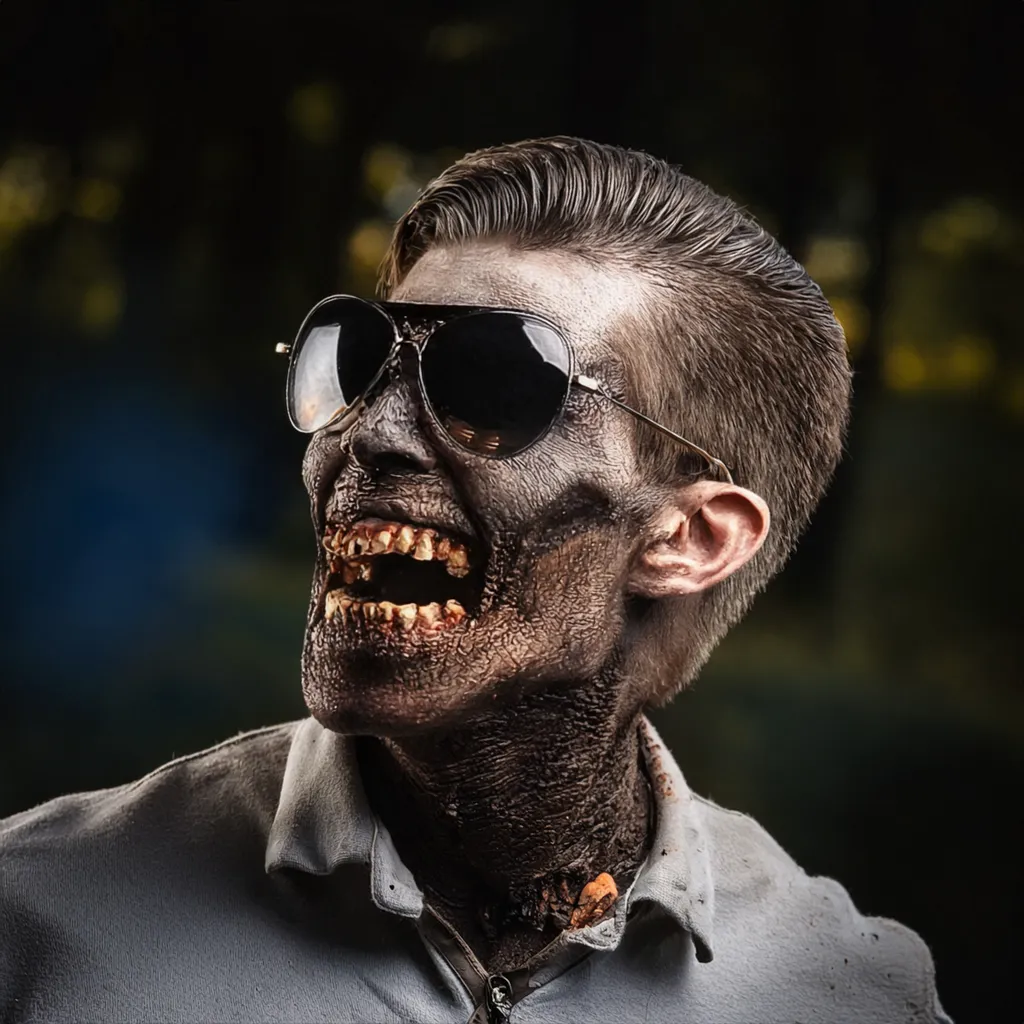 A happy male zombie spending too much time in the sun