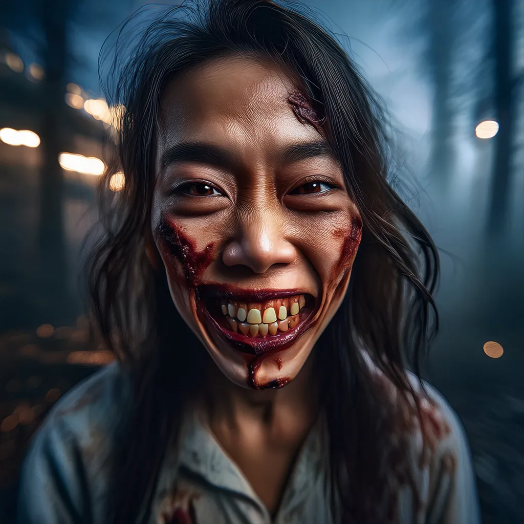 A smiling young female asian zombie