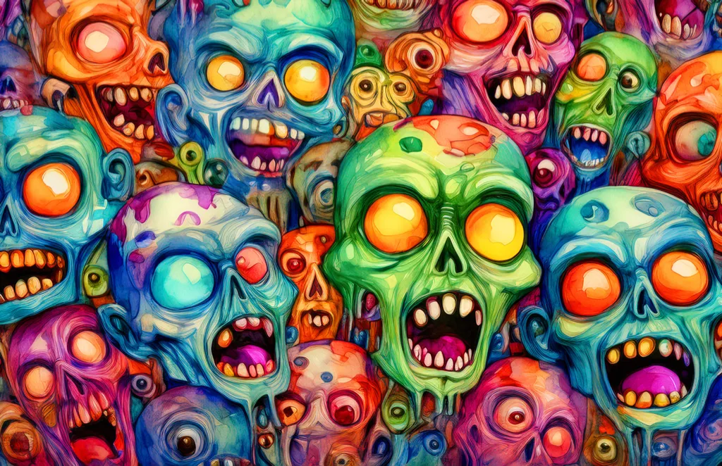 A collage of cartoon zombies and creatures all crushed together