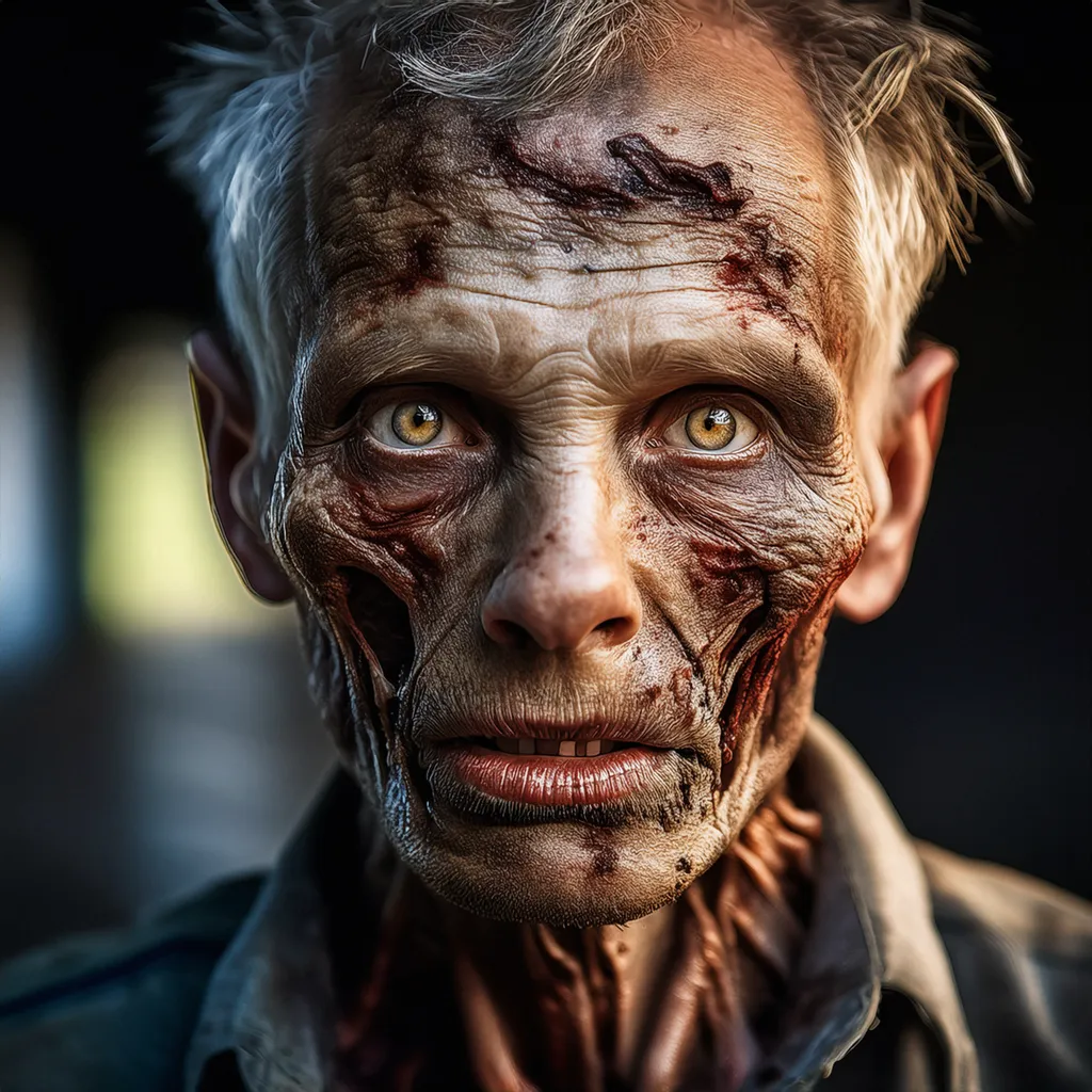 A confused middle-aged male zombie
