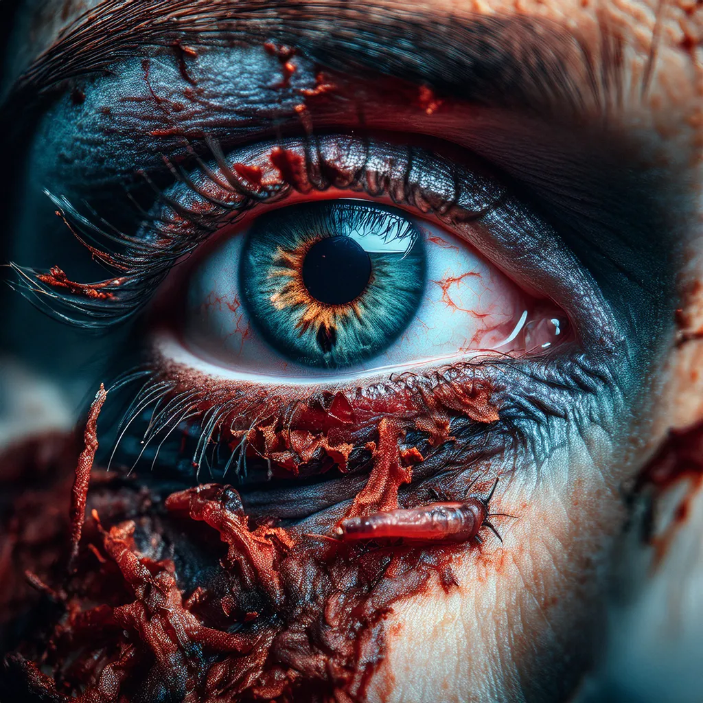 A close up shot of a female zombie eye