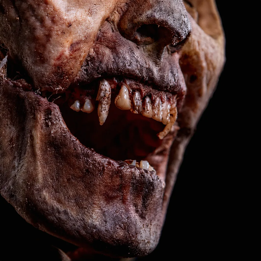 A rotting male zombie showing his teeth close up