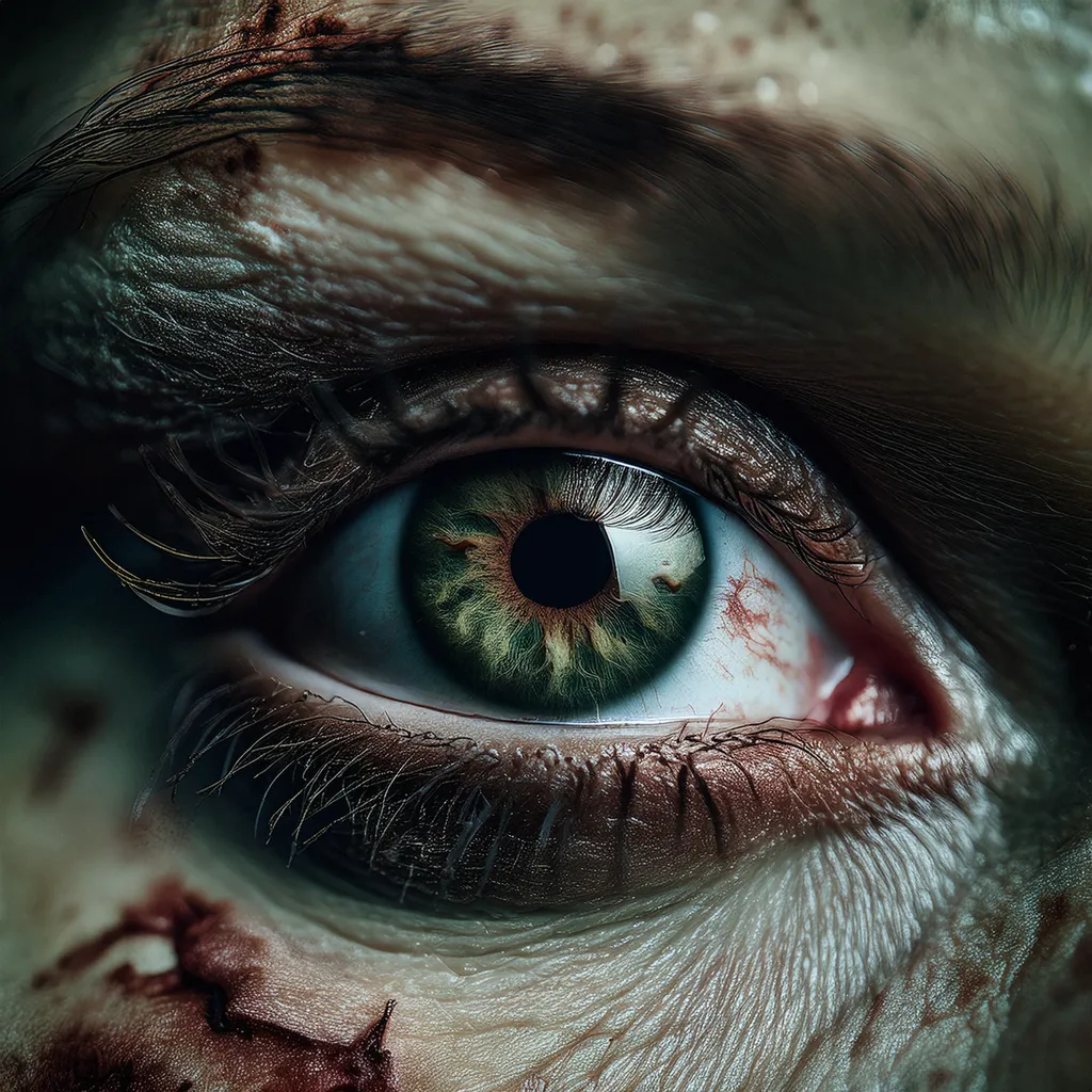 A close up shot of a female zombie eye