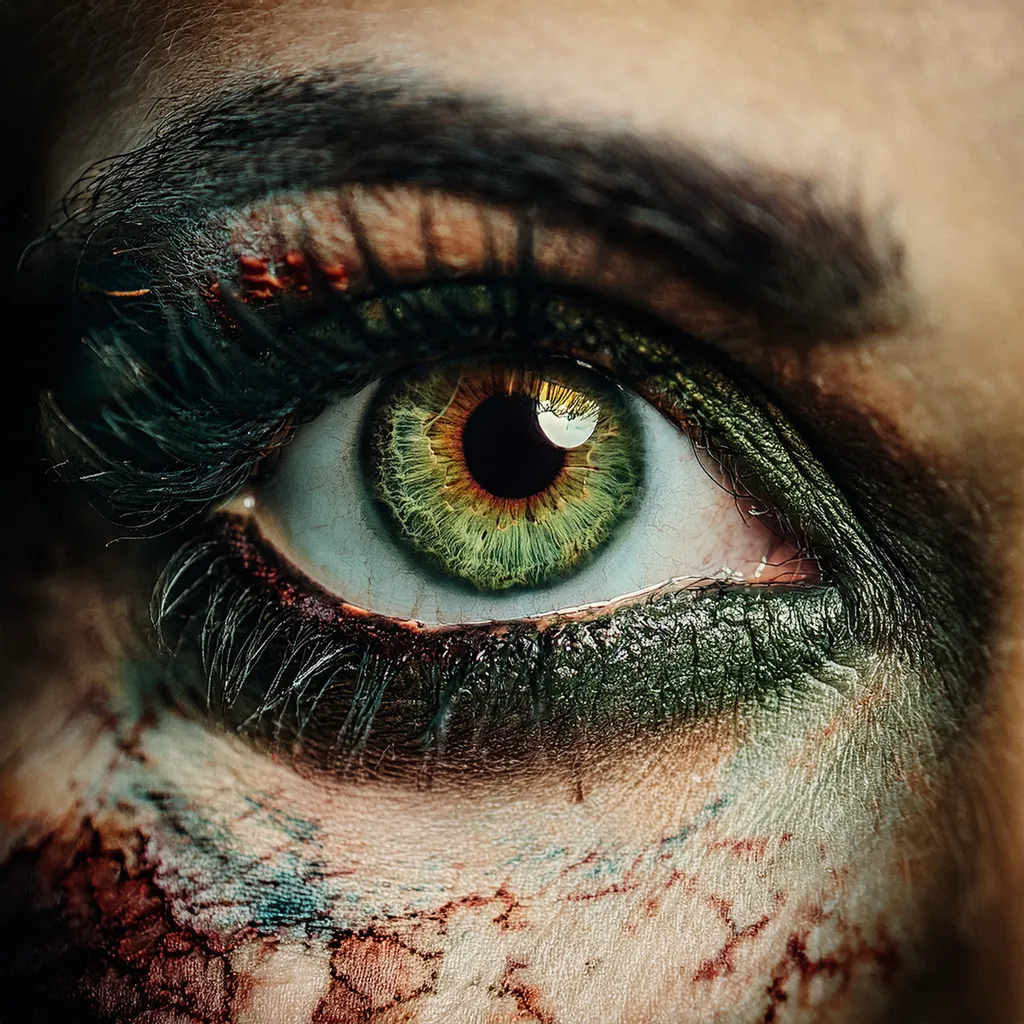 A close up shot of a female zombie eye