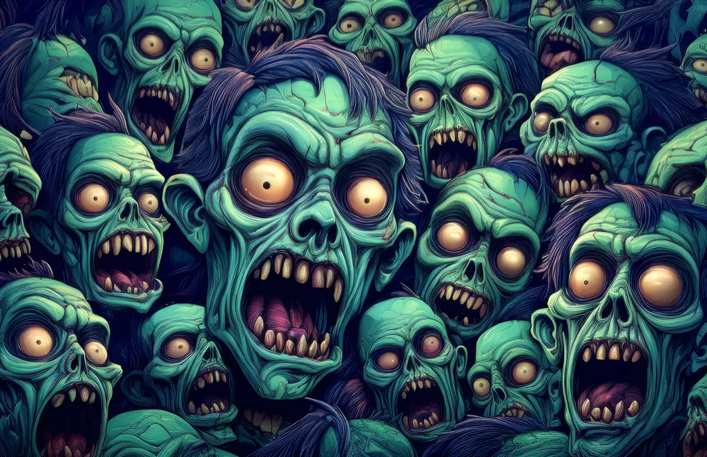 A collage of cartoon zombies and creatures all crushed together