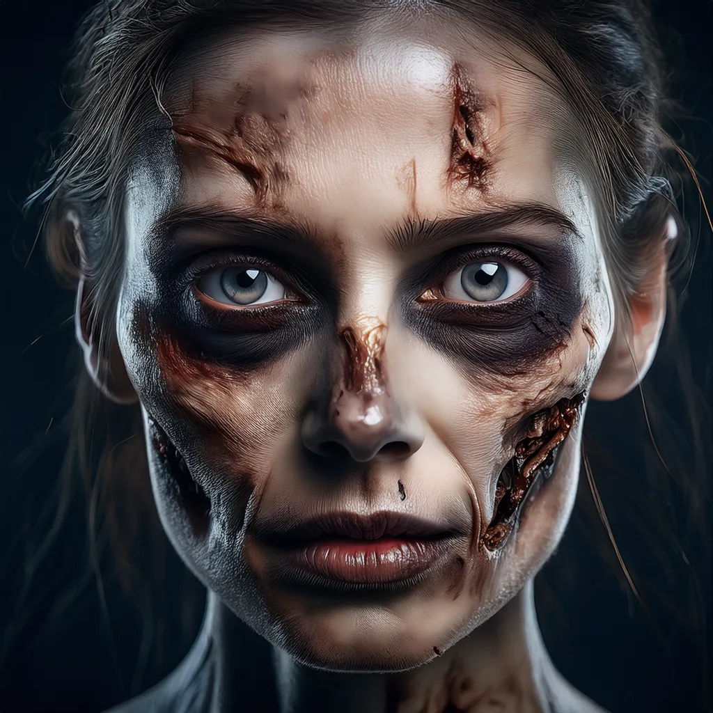 A female rotting zombie staring intently