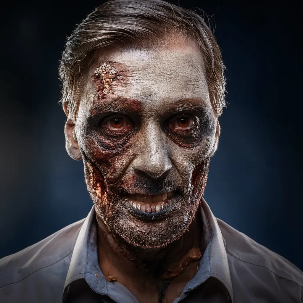 An upset male zombie