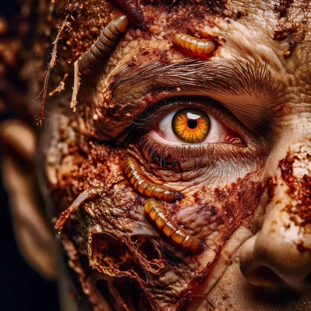 A close up shot of a male zombie eye