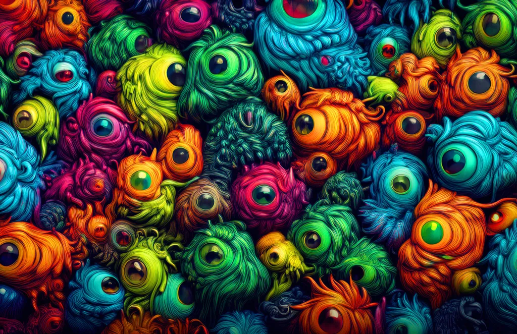 A collage of cartoon zombies and creatures all crushed together