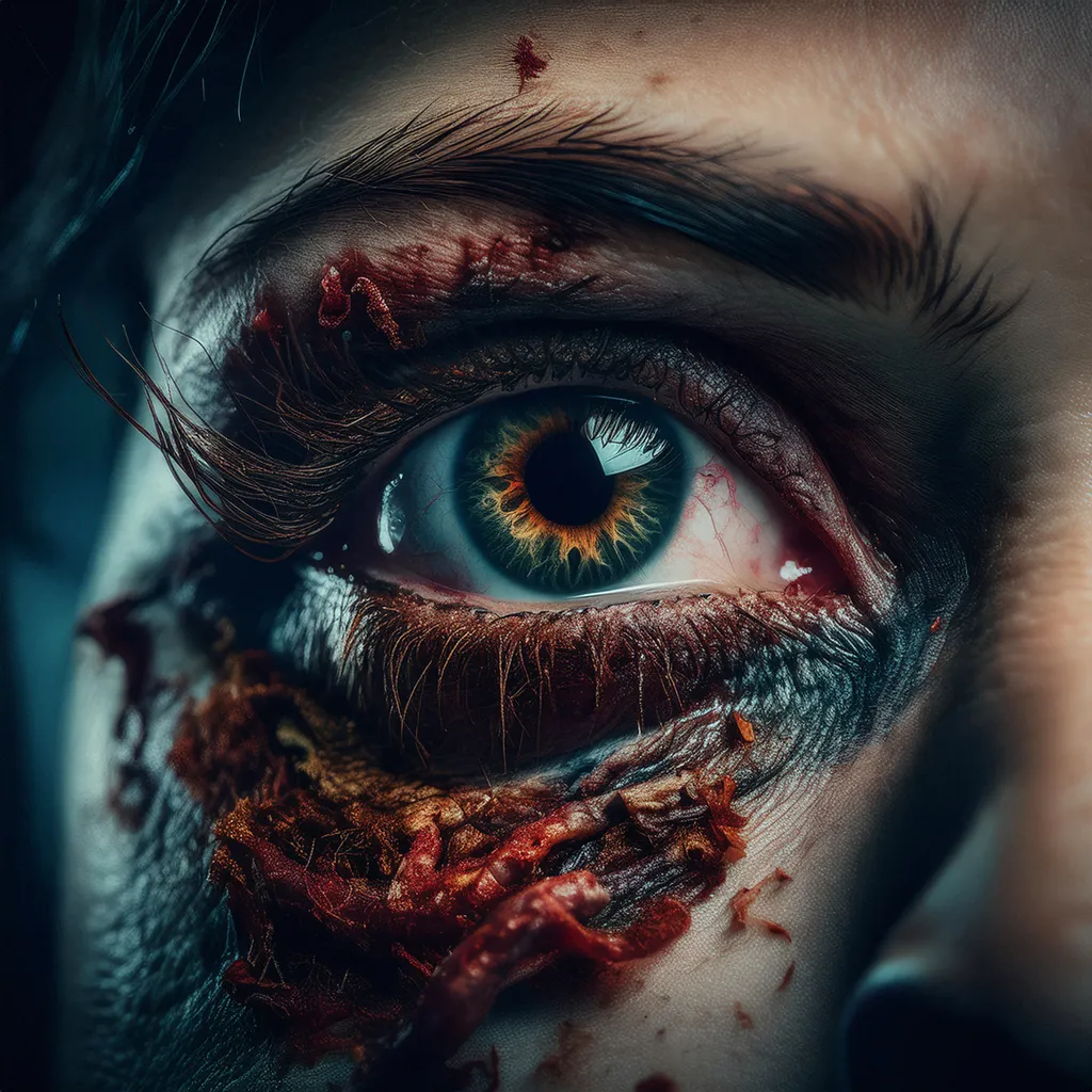 A close up shot of a female zombie eye