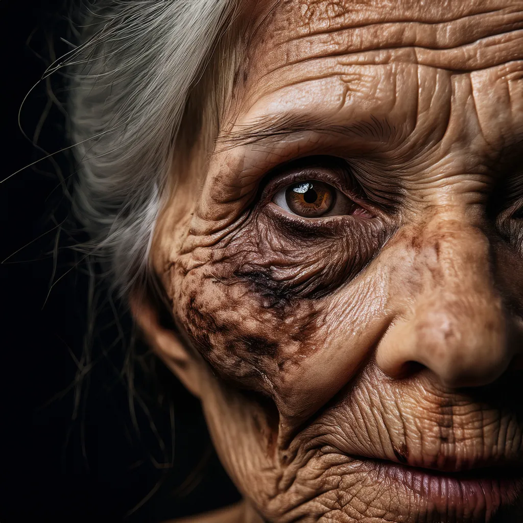 An elderly old zombie woman staring off to nowhere