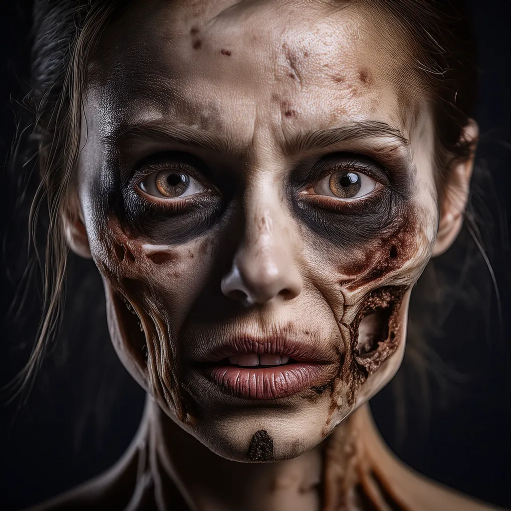 A female rotting zombie looking worried