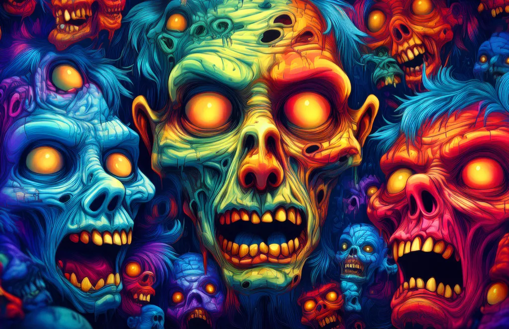 A collage of cartoon zombies and creatures all crushed together