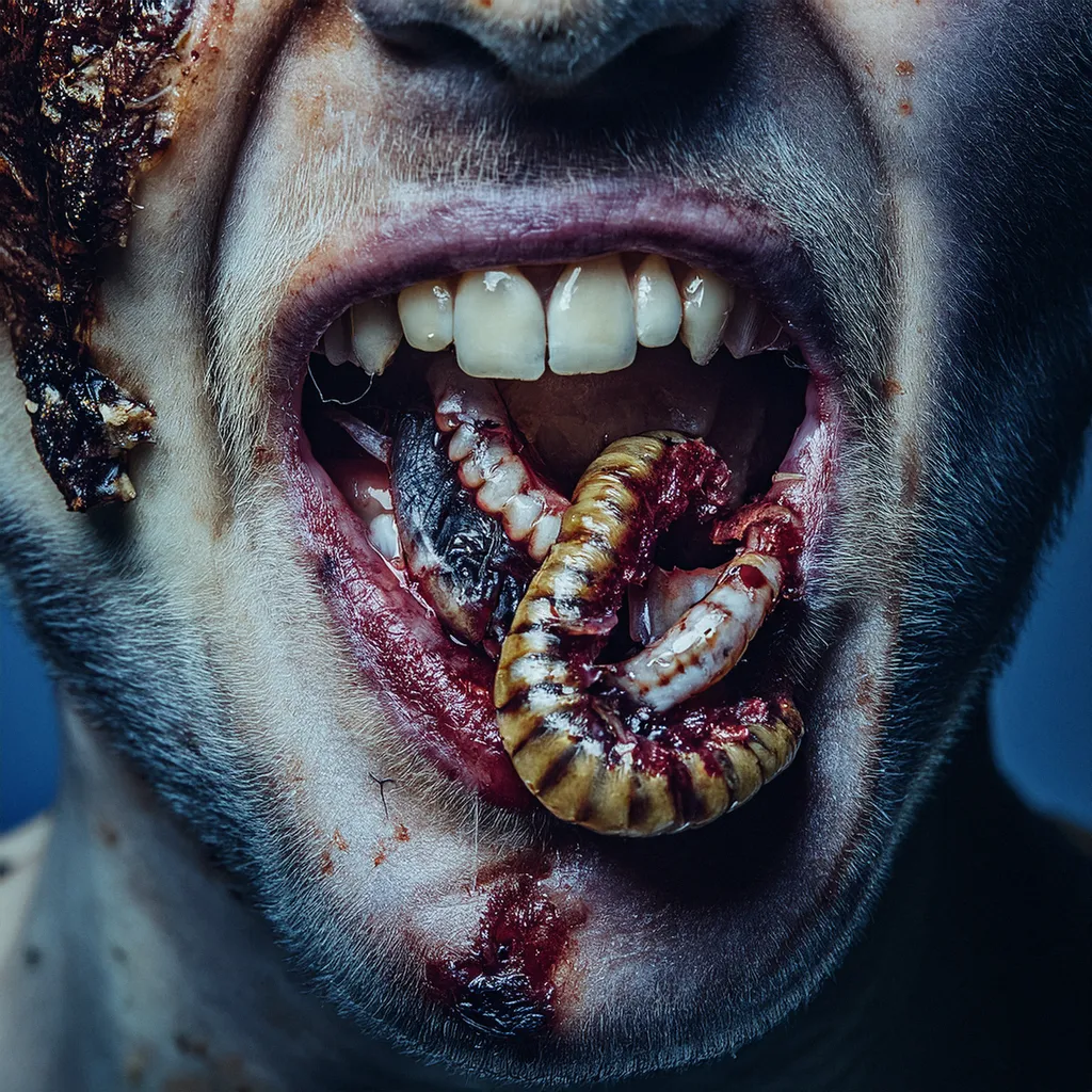 A rotting male zombie showing his open mouth full of worms and maggots close up