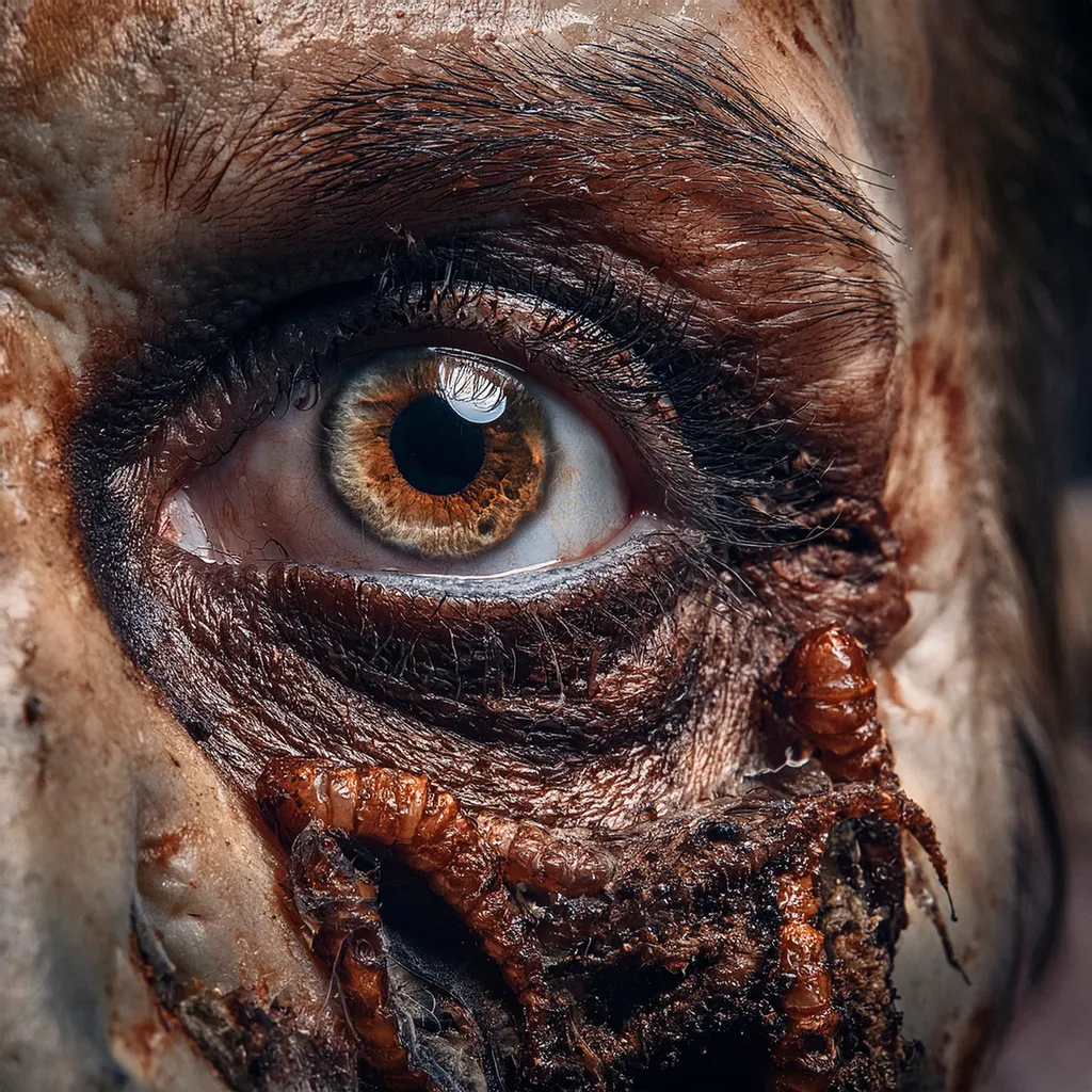 A close up shot of a male zombie eye