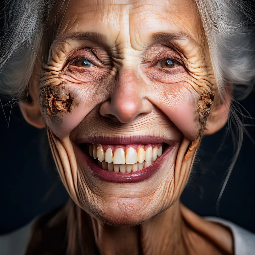 An elderly old zombie woman smiling