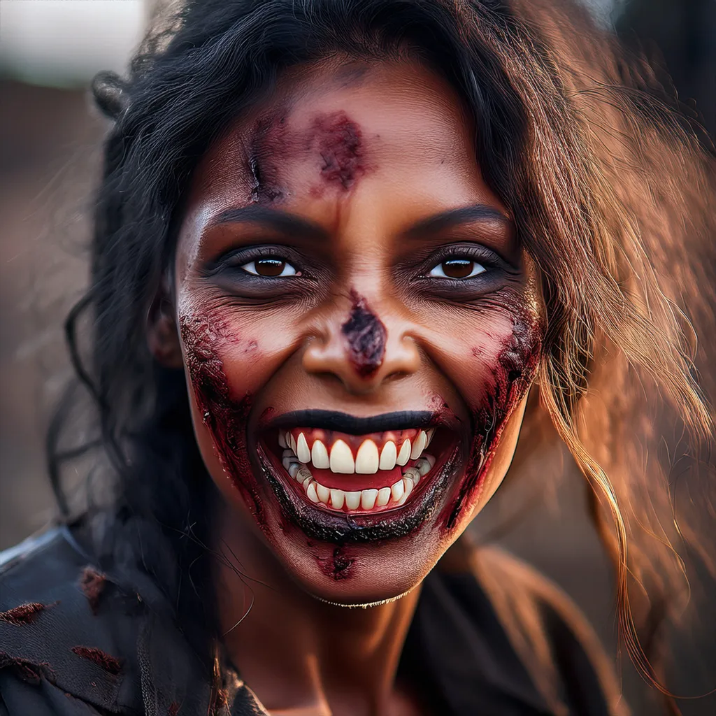 A smiling black female zombie
