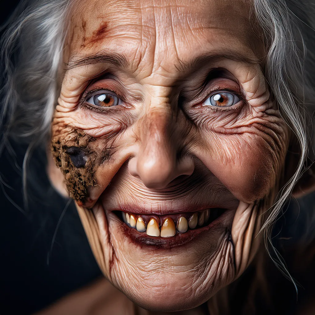 An elderly old zombie woman smiling