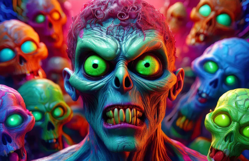 A collage of 3D illustrated zombies and creatures all mashed together