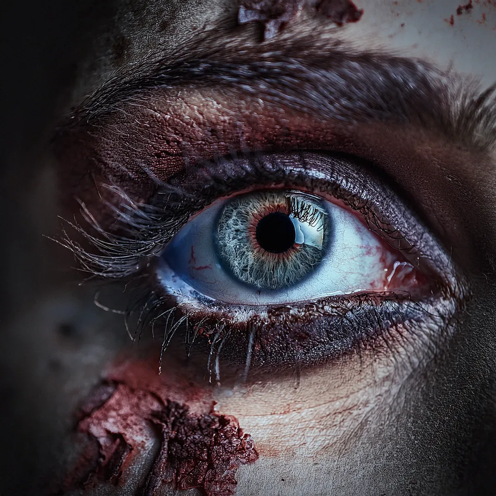 A close up shot of a female zombie eye