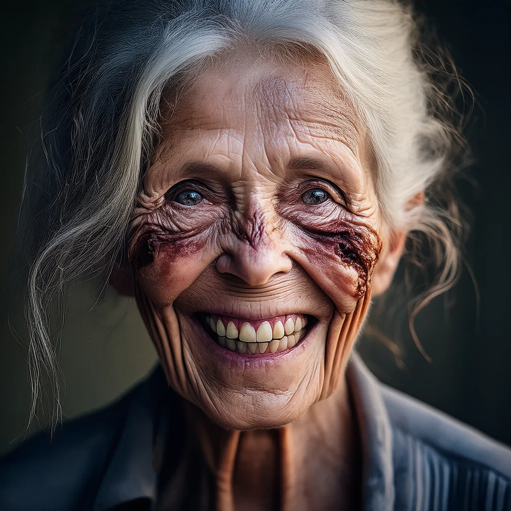 A smiling old grandma zombie