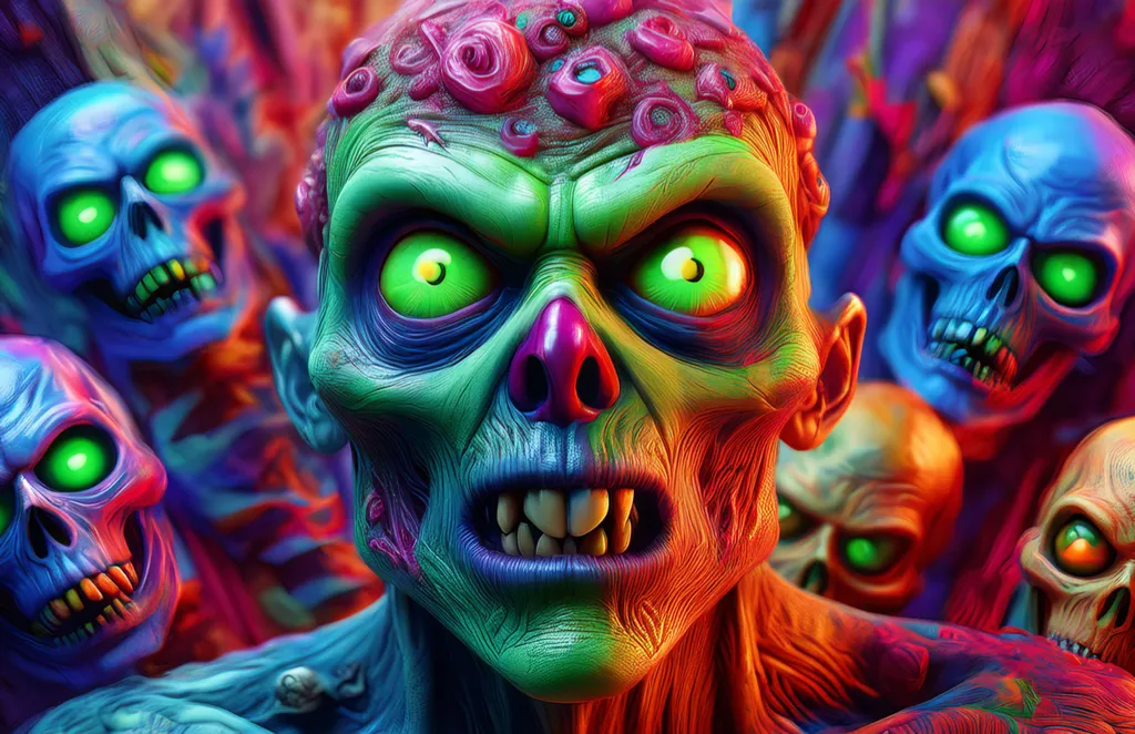 A collage of 3D illustrated zombies and creatures all mashed together