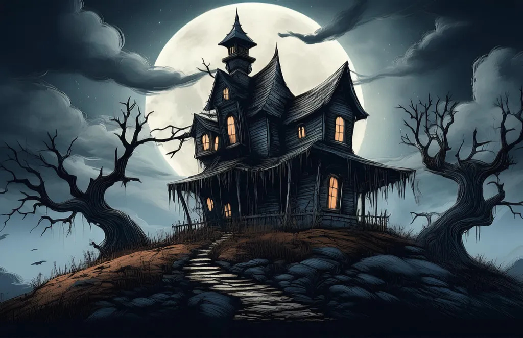 An old creepy haunted house on top of a hill