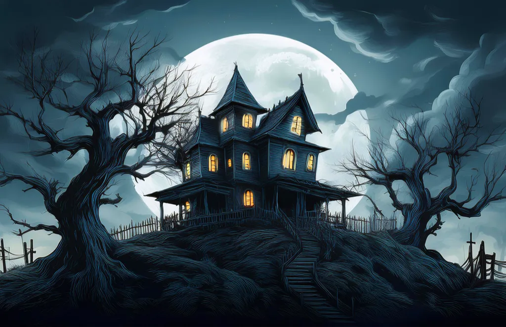 An old creepy haunted house on top of a hill