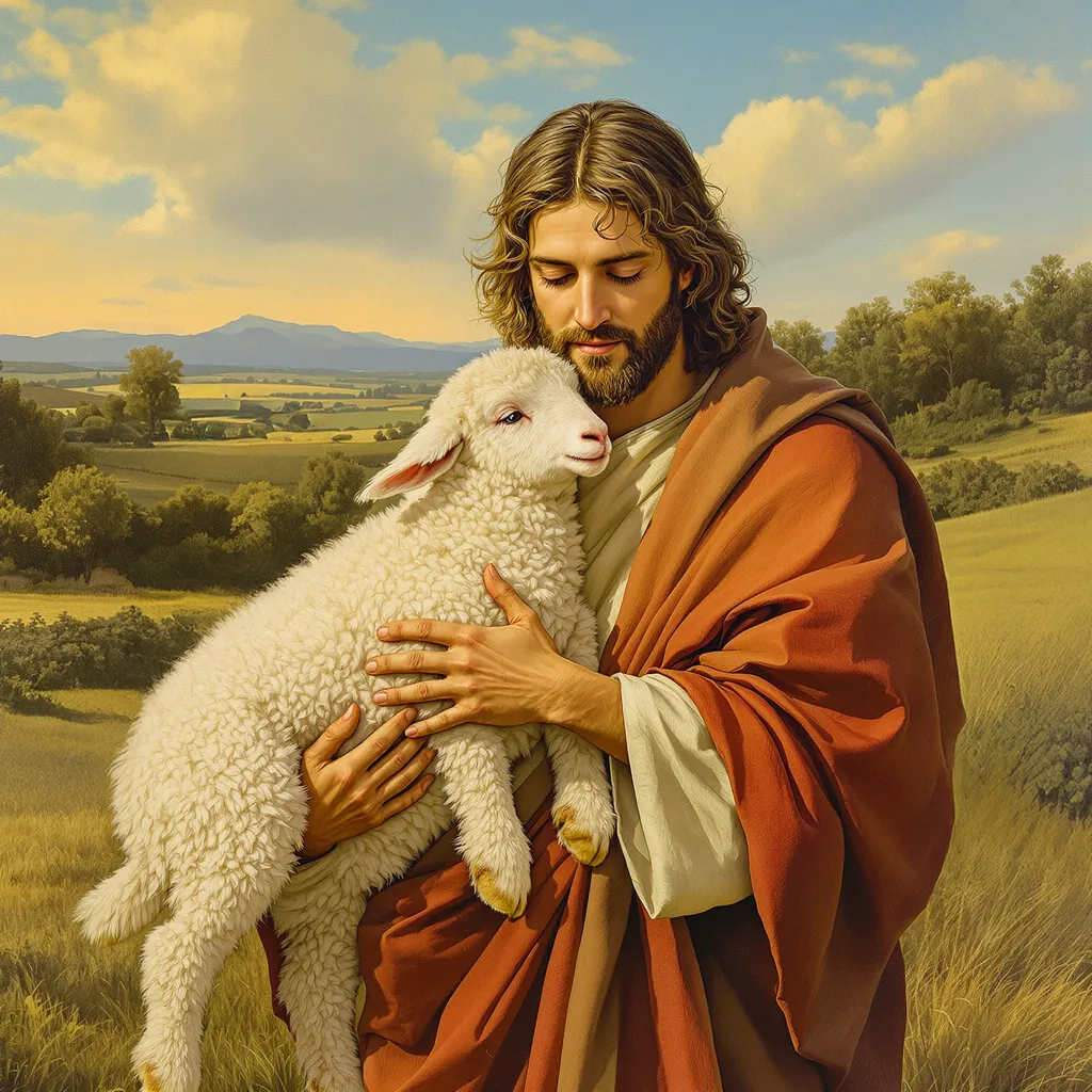 Jesus holding a lamb in a pasture
