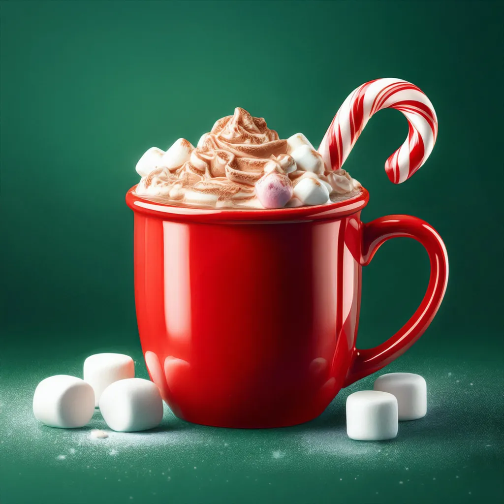 A mug of christmas hot chocolate with whipped creams and a candy cane