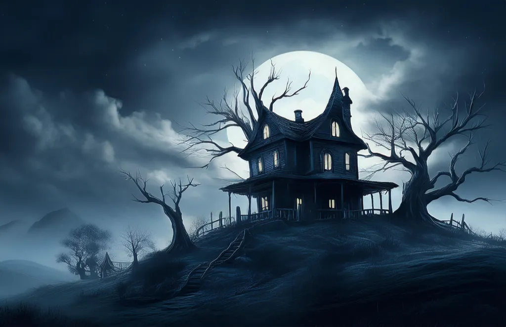 An old creepy haunted house on top of a hill