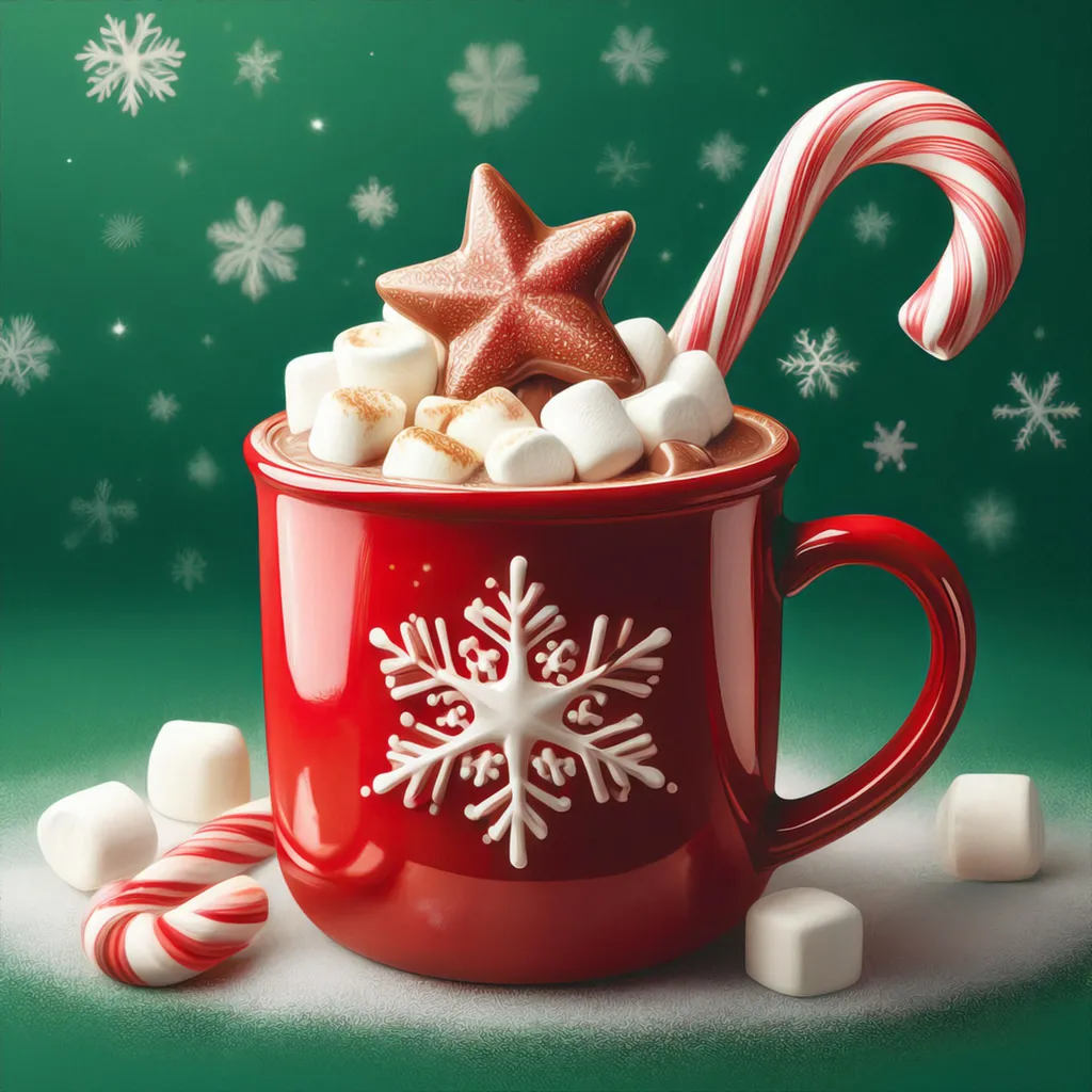 A mug of christmas hot chocolate with whipped creams and a candy cane