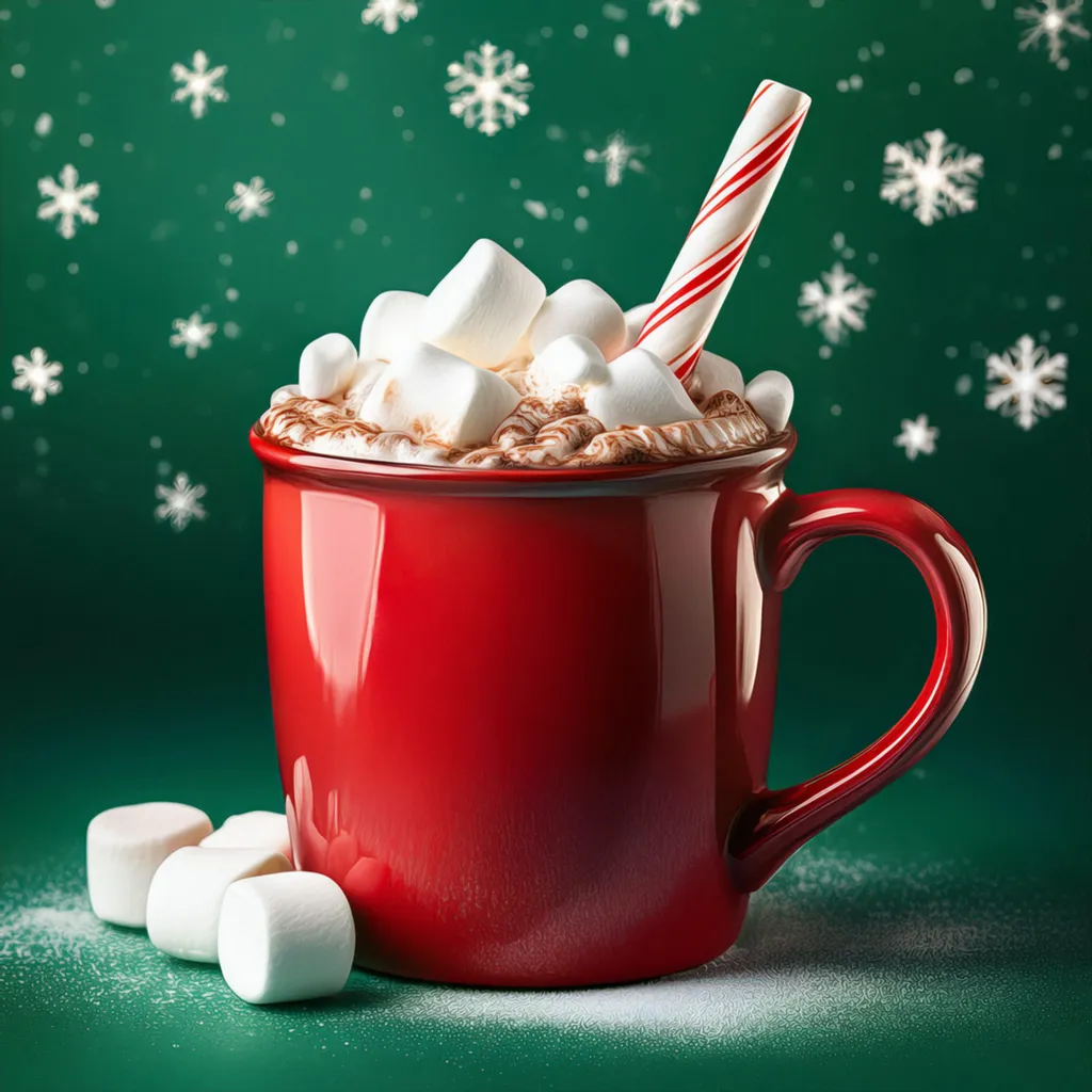 A mug of christmas hot chocolate with whipped creams and a candy cane