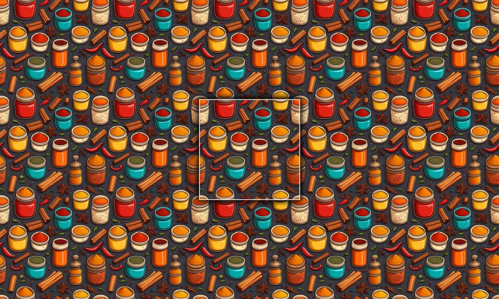 A collage of spices in various containers as a seamless tile