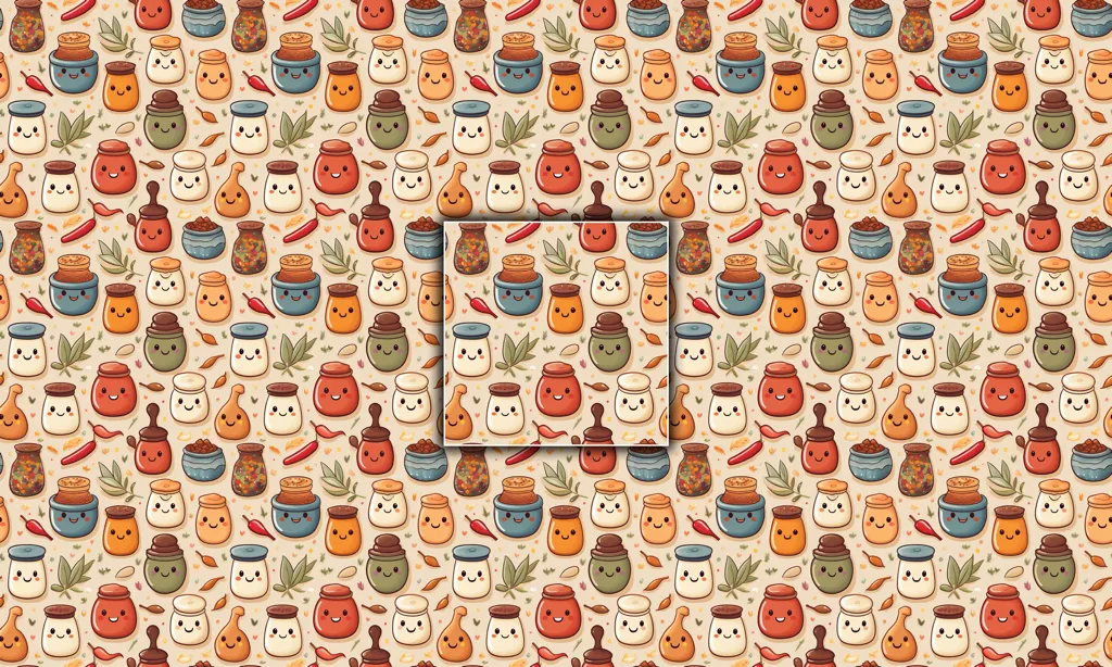 A cute collage of smiling spice jars and containers as a seamless tile