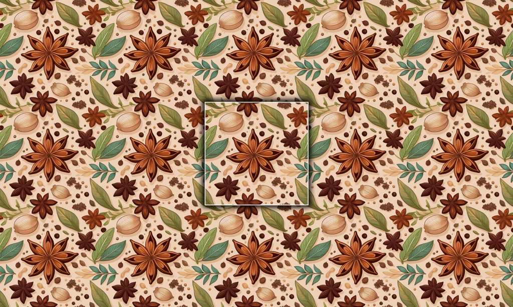 A illustrated background of various christmas spices as a seamless tile