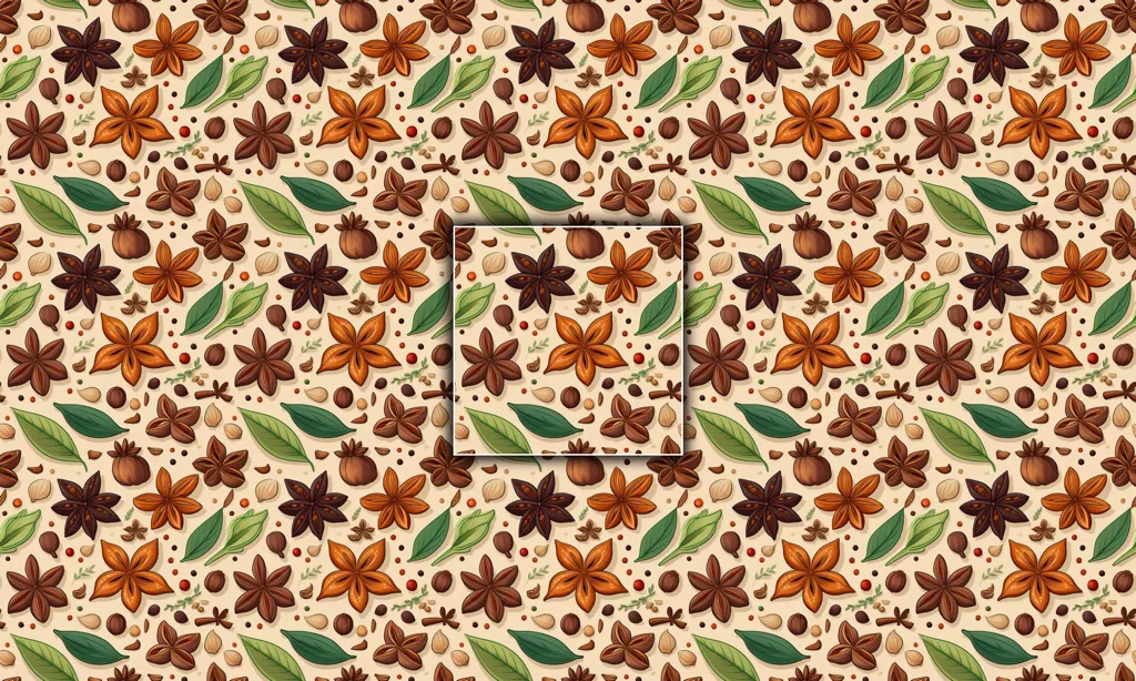 A illustrated background of various christmas spices as a seamless tile